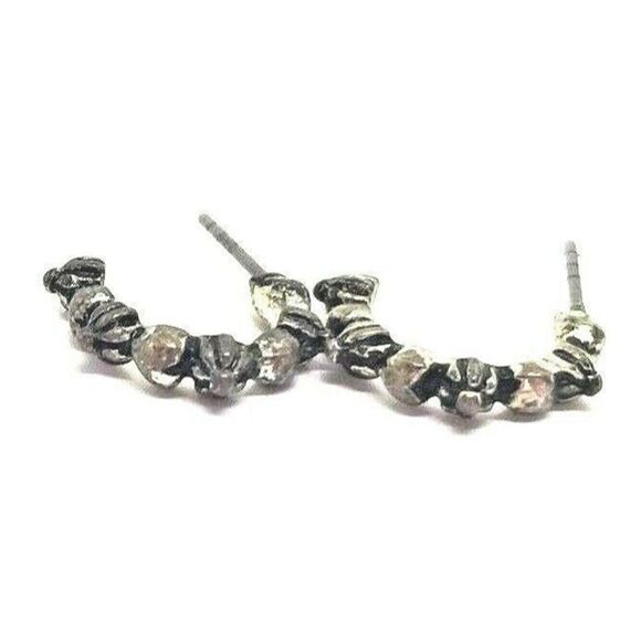 Earrings Small Silver Toned Hoops Pierced 1 Pair Detailed Beaded Small Hoops - Picture 2 of 9